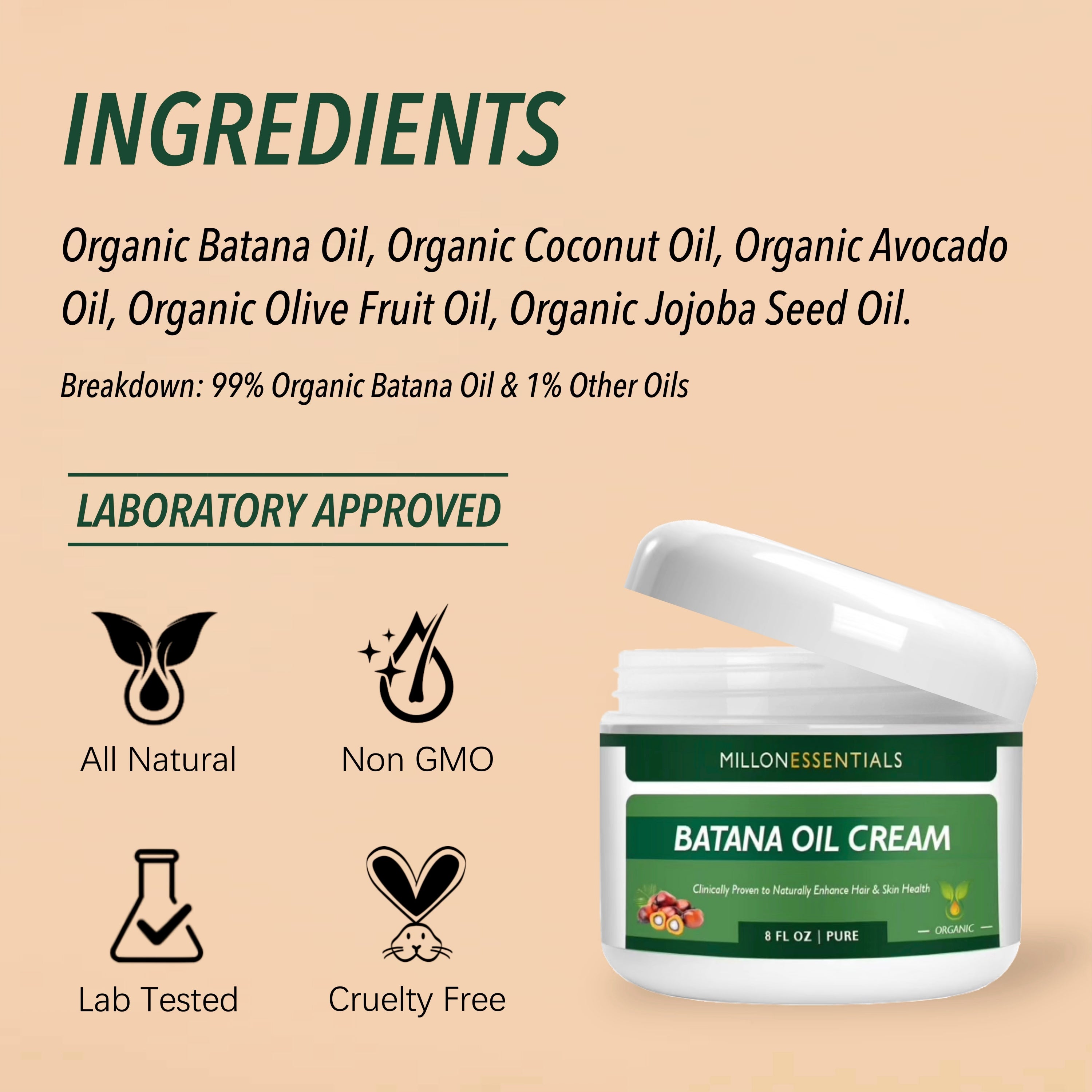 MillonEssentials 8 oz. Organic Batana Oil Cream for Skin Care & Hair Growth – Nourishing & Moisturizing from Honduras – Natural Hair Shine for Men & Women - Protects Dry Skin & Hair Loss