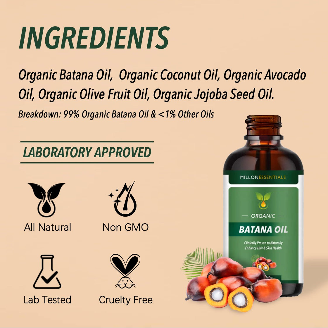 MillonEssentials 4 oz. Organic Batana Oil for Hair Growth & Skin Care -  Nourishing & Moisturizing from Honduras – Natural Hair Shine for Men & Women - Protects Dry Skin & Hair Loss